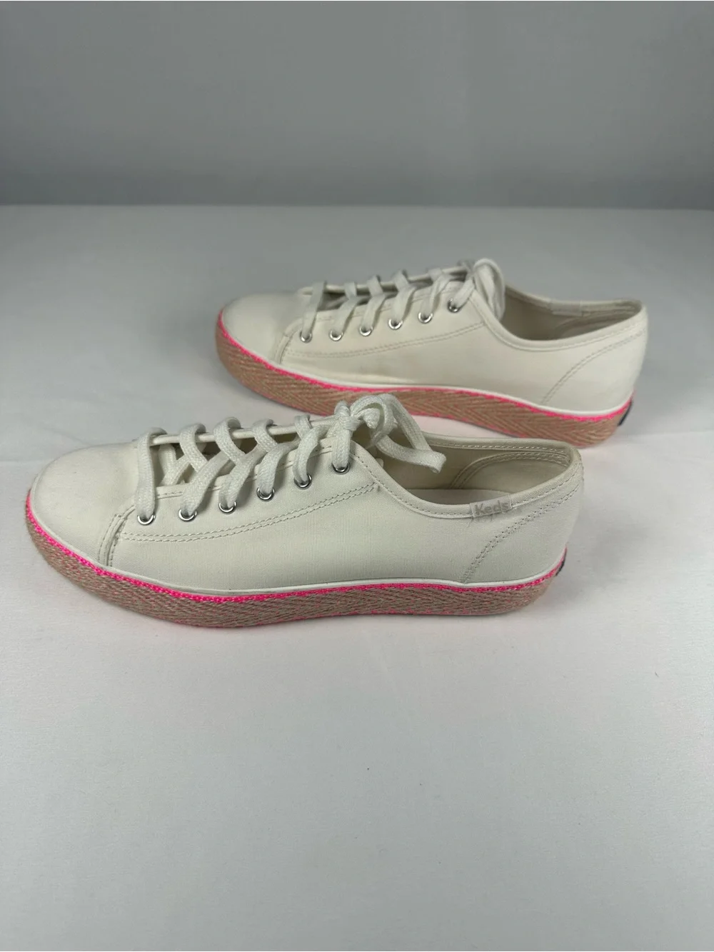 Keds Off-White Canvas Platform Sneakers with Neon Pink Trim